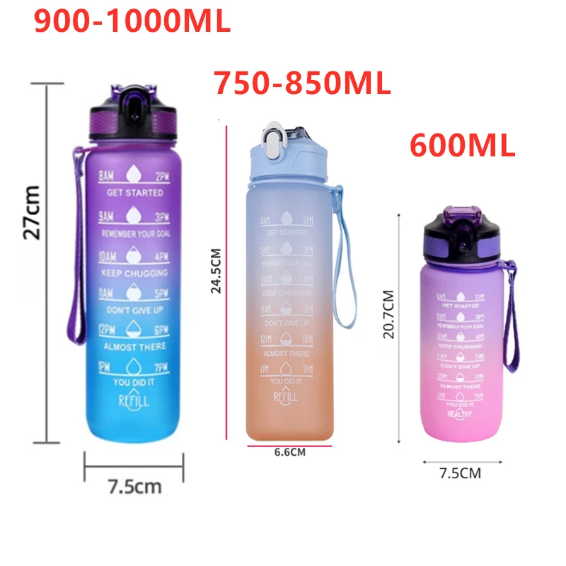 3Sizes Sports Water Bottle Gradient Color Motivational Bottle with Time Marker Leak-proof Cup Gym Outdoor Drinkware