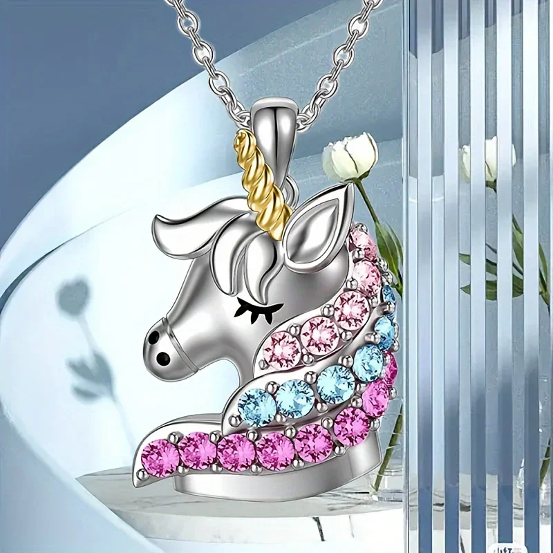 Fashion kalung Unicorn kartun Unicorn, perhiasan kalung liontin hadiah ulang tahun perjamuan wanita hadiah H