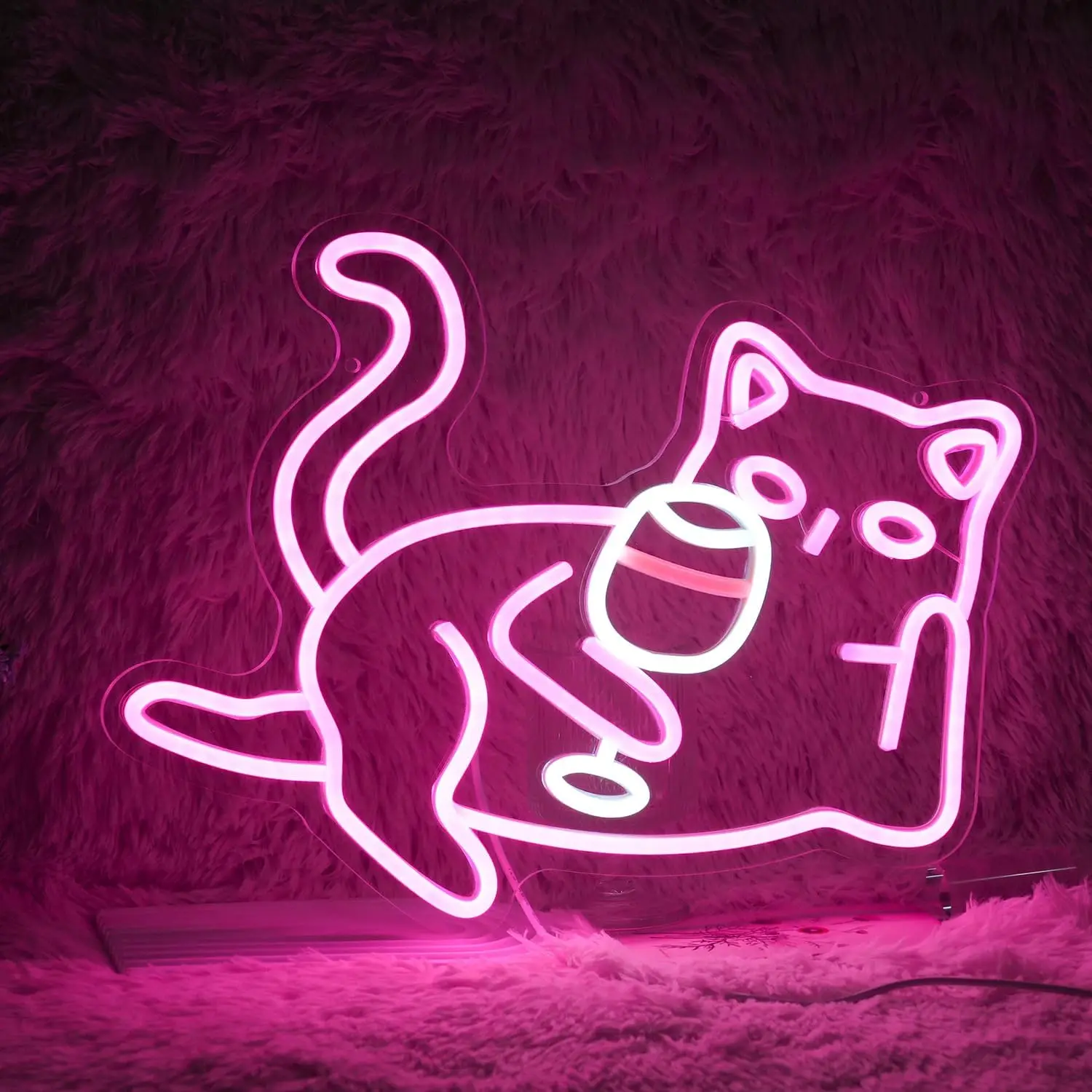 Cat Wine Glasses Neon Sign LED Light Pink Cat for Wall Decor Night Light USB Powered for Bar Living Room Cat Cafe Cat Lover Gift