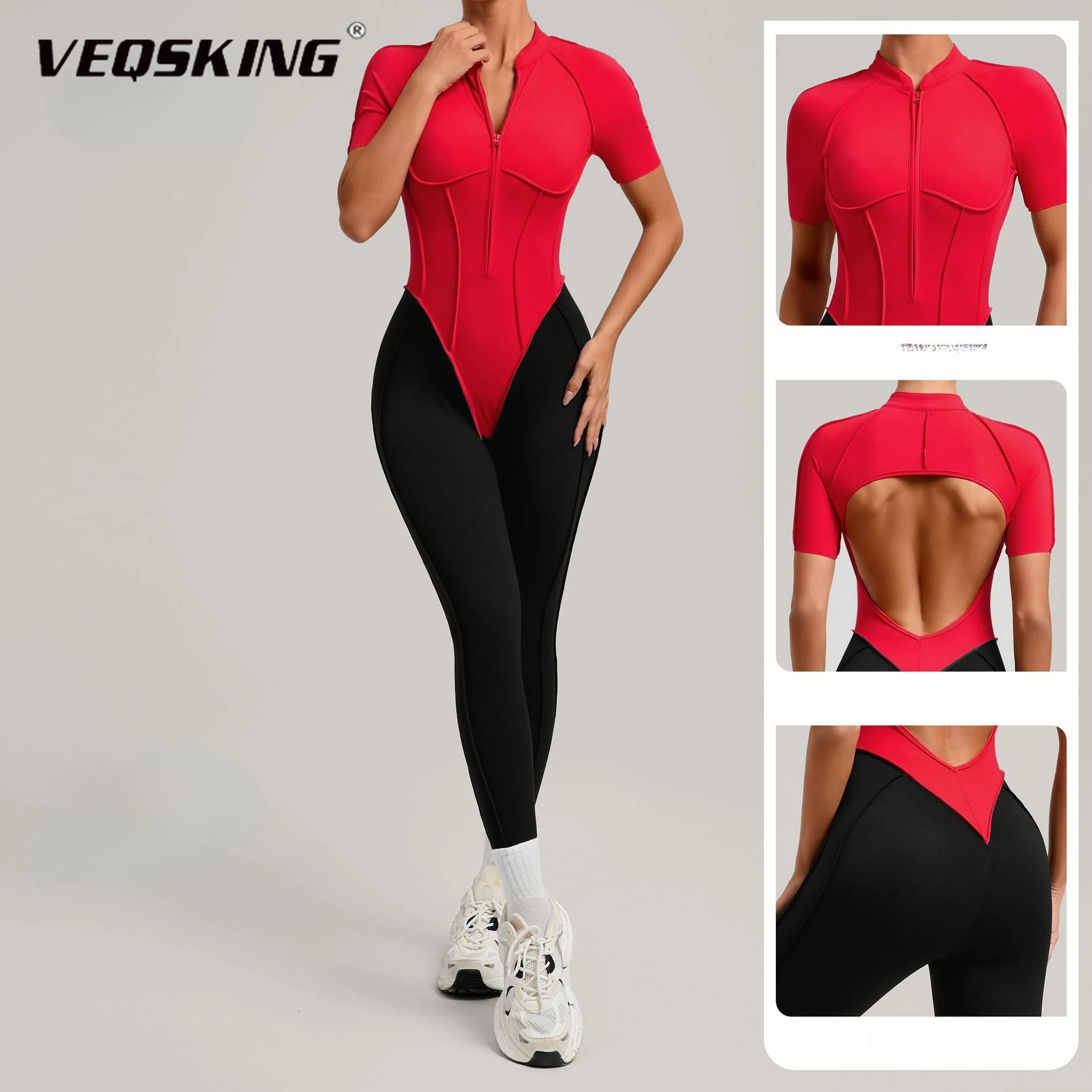 

Female Beauty Back Fitness Jumpsuit, Contrasting Stand Up Collar Spliced Yoga Suit, Tight Fitting Slimming Sports Jumpsuit
