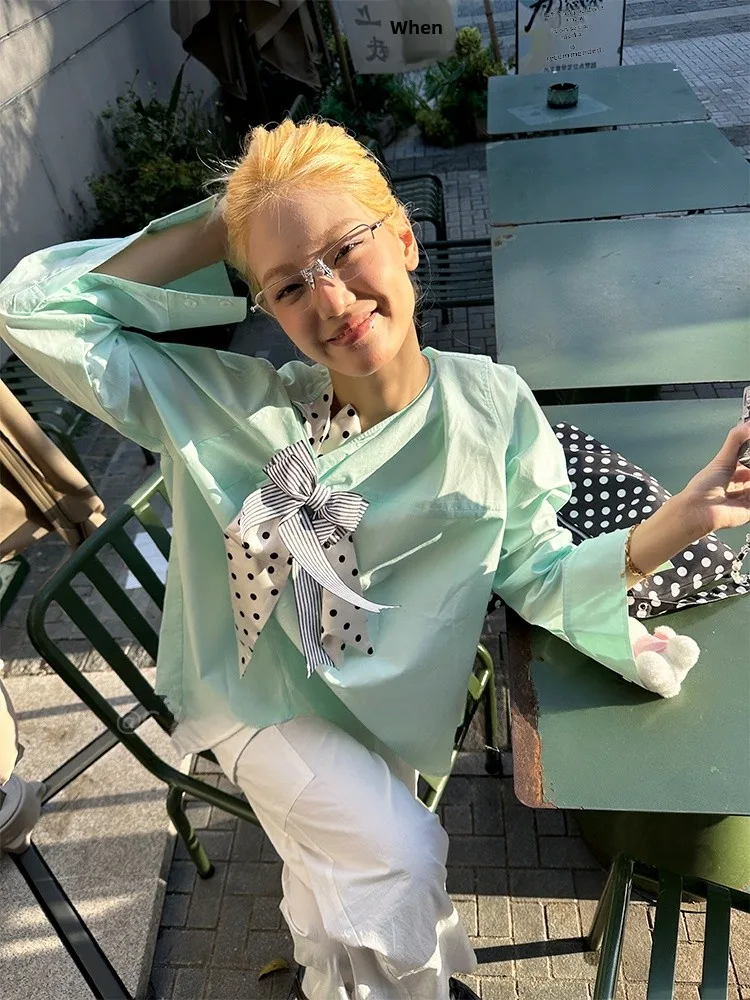 

Весенне-летняя женская свободная рубашка в полоску и горошек с длинным рукавом, с узлом, повседневная, милая, для ежедневной носки