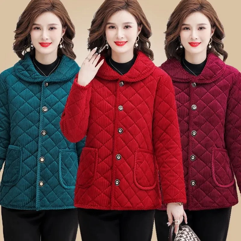 

Middle Aged Elderly Women's Winter Short Cotton Padded Jacket Fashion Plush Thick Warm Coat Grandma's Large Size Corduroy Parkas