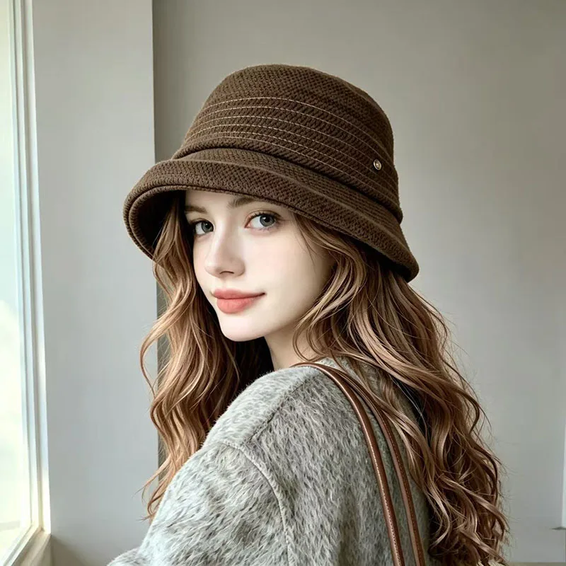 Elegant Solid Wide Brim Fisherman Hat for Women Surved Edge Autumn Winter Windproof Fashion Versatile Show Face Small BucketHat