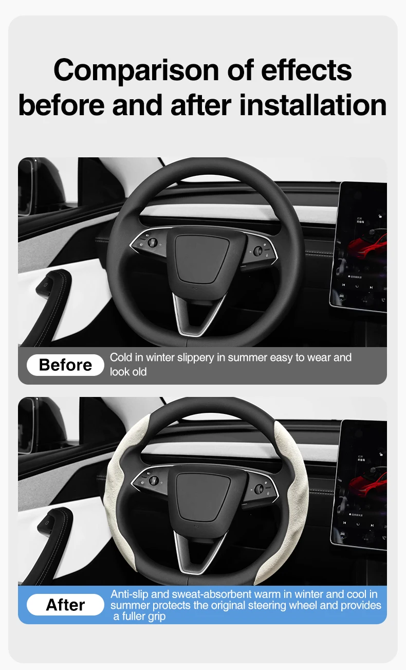Heenvn Nappa Lenkradbezug für Tesla Model 3/Y 2017-2026 Auto-Lenkradschutz aus Wildleder Rutschfest Atmungsaktiv Zubehör – Detail 4