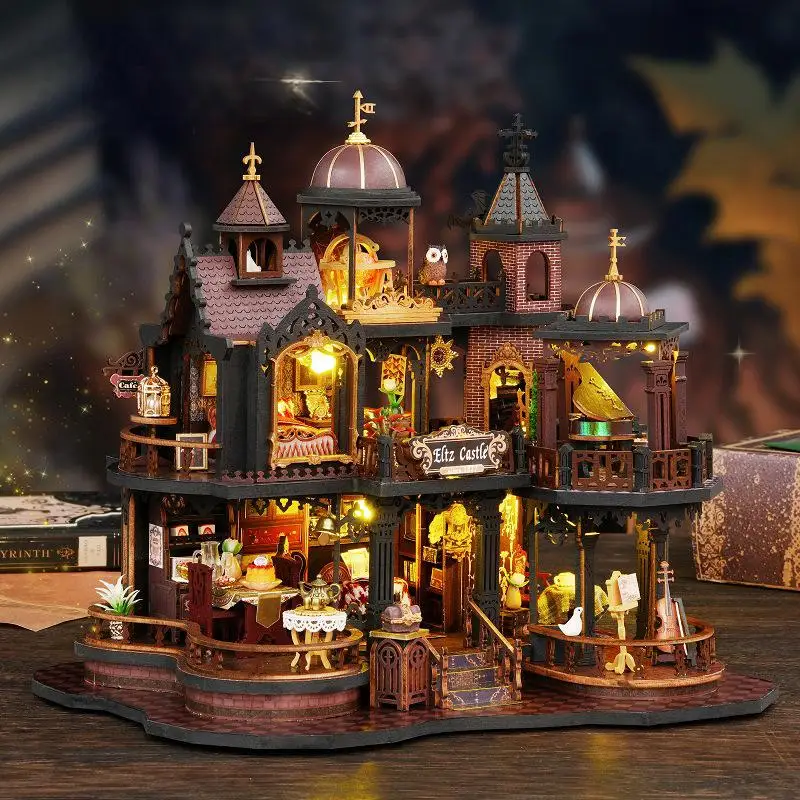 OUZEY 3D Medieval Castle Dollhouse DIY Kit - Scottish Style Wooden Model with Figurines, Bookshelf Decor Gift