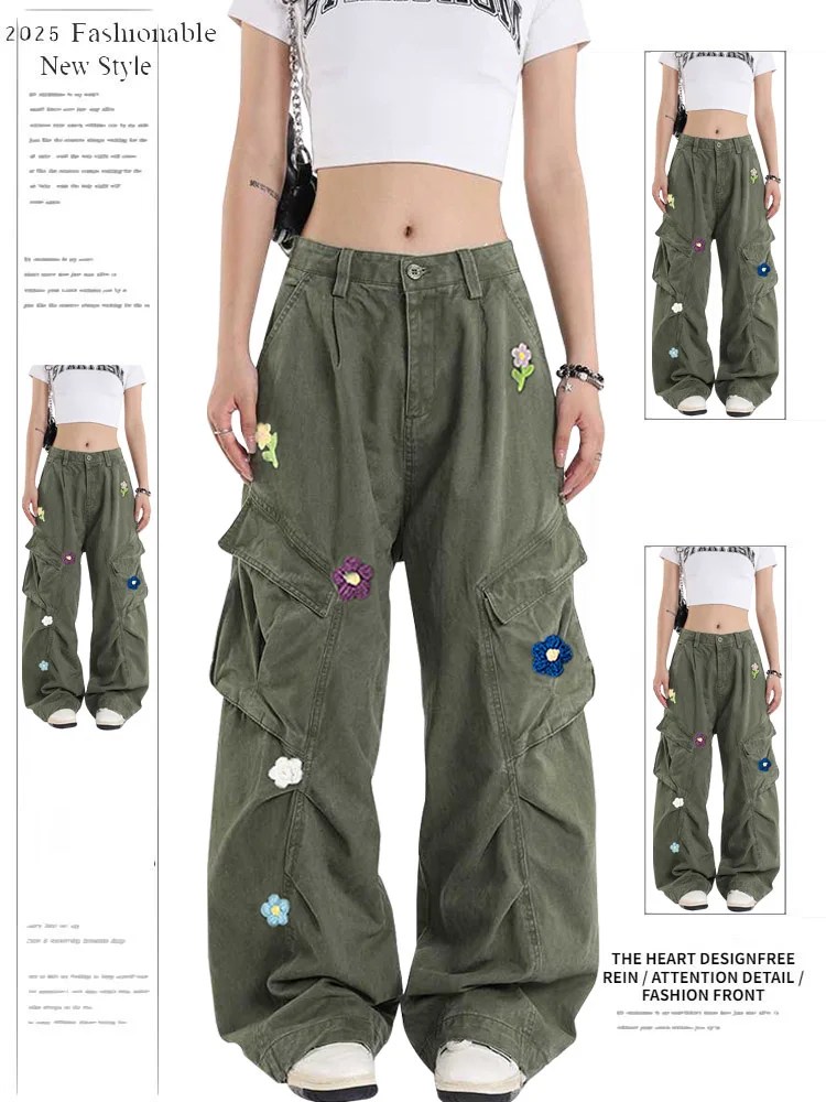 

Retro American Military een Multi-ket Workwear Jeans Women's Loose Embroidered Wide Leg Pants Casual High Waist Long Tro...
