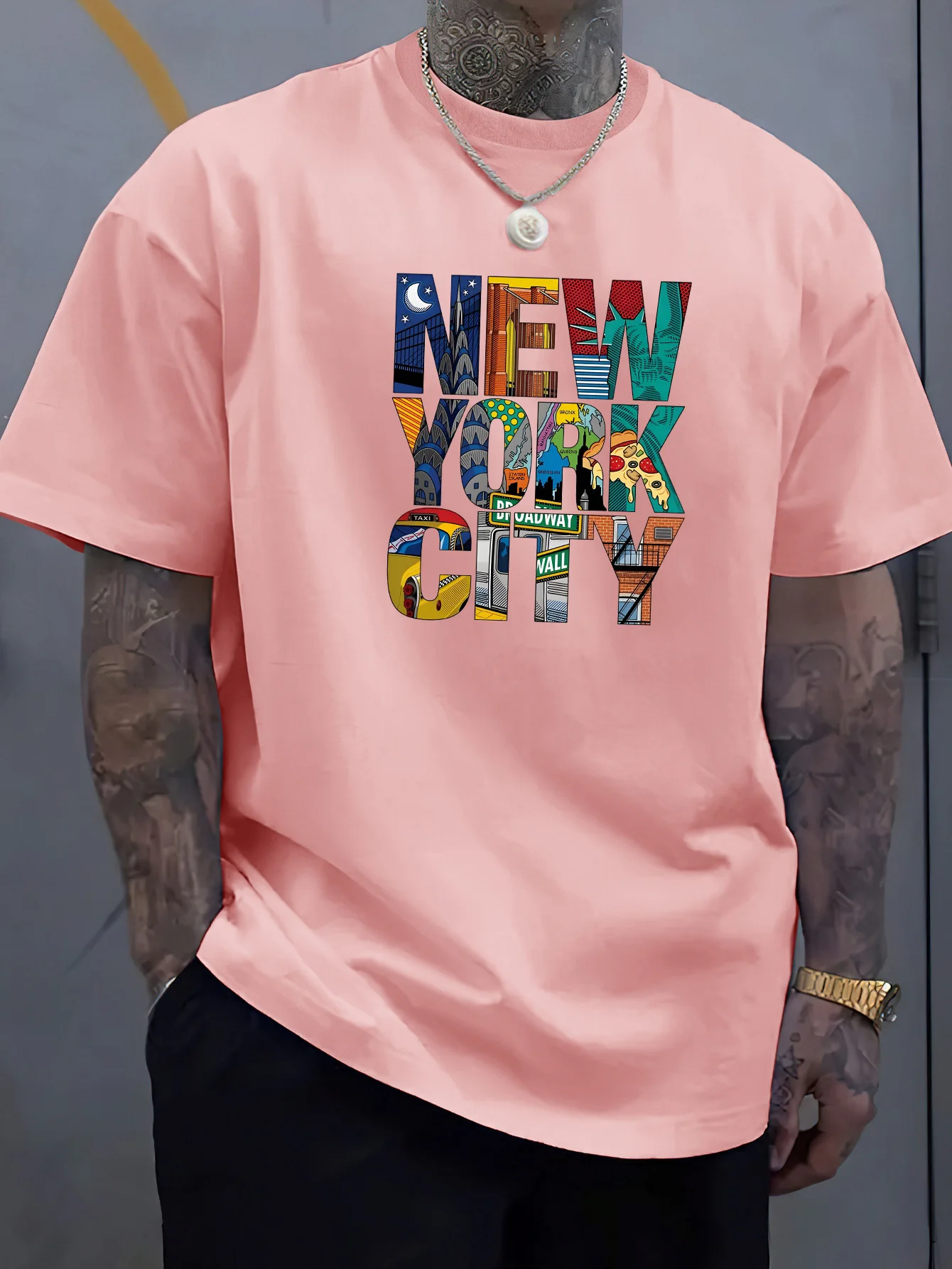 

Summer men's 100% cotton comfortable casual loose plus size NEW YORK CITY printed sports round neck short sleeved T-shirt top