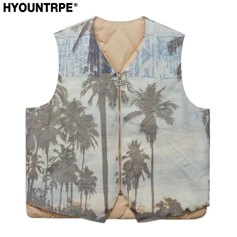 Hip Hop Loose Jacket Vest Unisex Casual Cotton Padded Vests Mens Harajuku Streetwear Printed Sleveless Warm Reversible Coat Vest