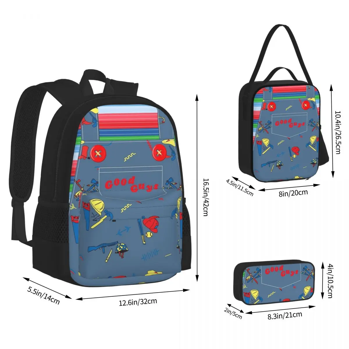 Killer Doll Overalls Backpacks Boys Girls Bookbag Students School Bags Kids Rucksack Lunch Bag Pen Bag Three-Piece Set