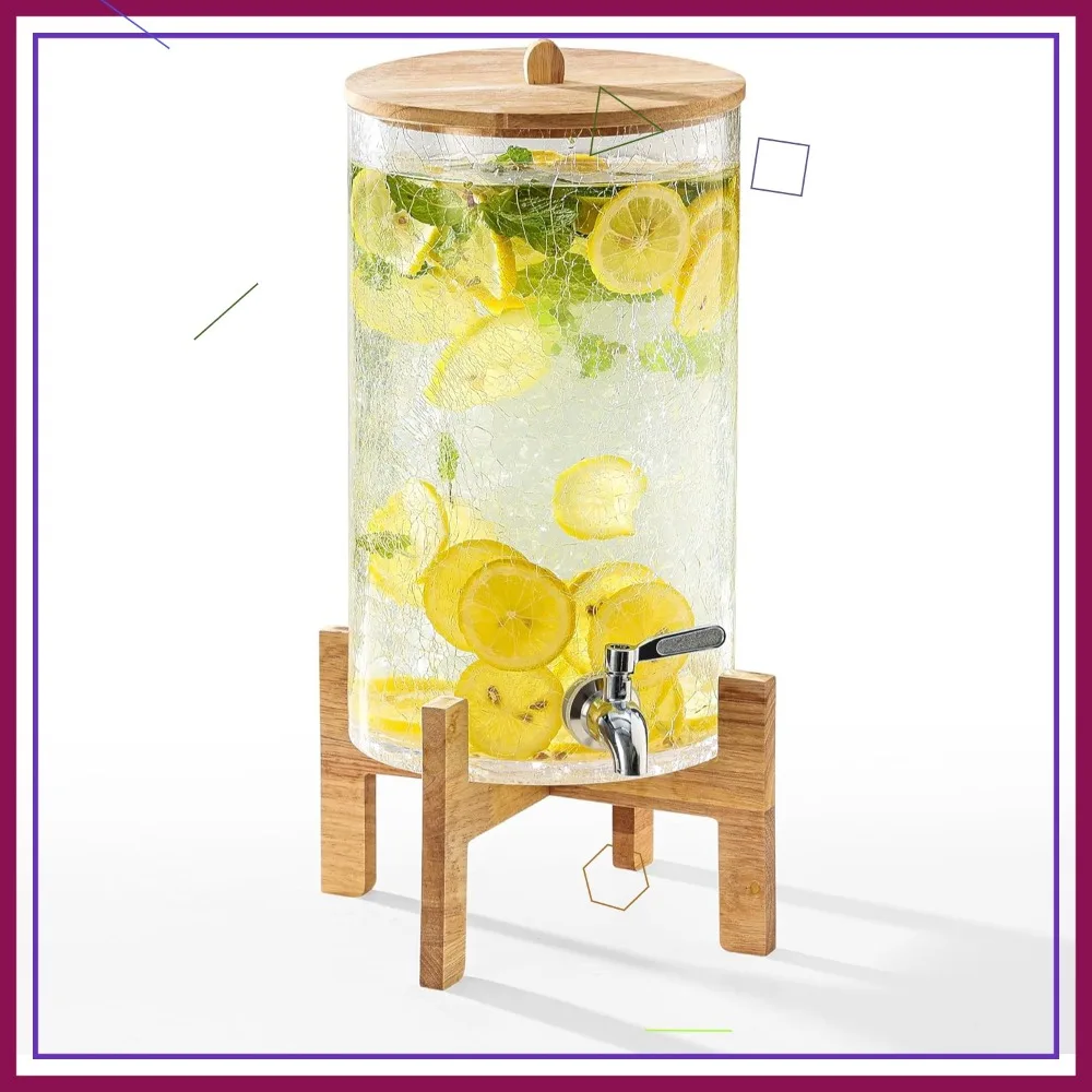 

Диспенсер для напитков из стекла объемом 2 галлона с подставкой, деревянной крышкой и краном из нержавеющей стали для вечеринок, соков, чая