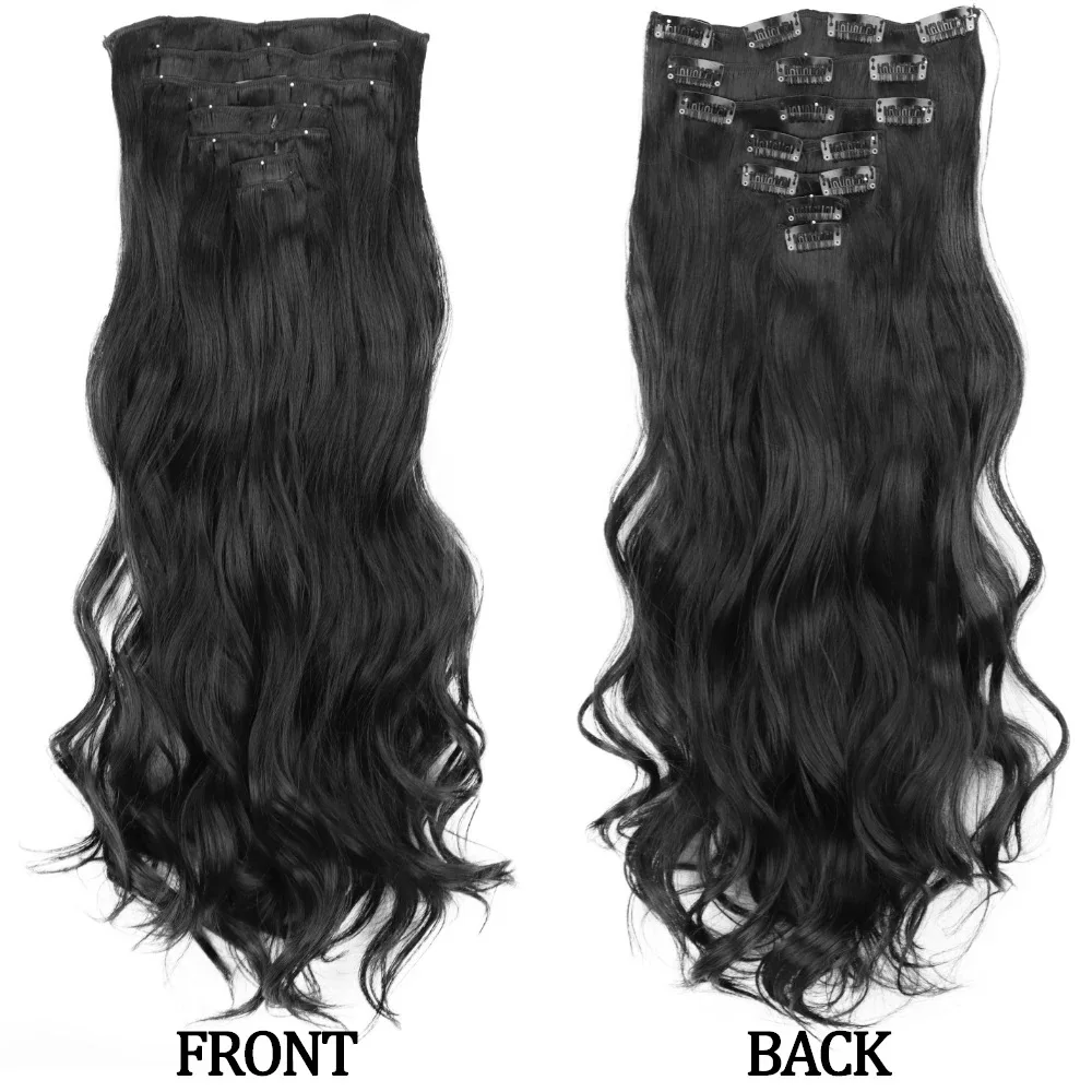 24 Inch Clip In Hair Extensions 7 PCS Long Wavy Synthetic Black Hair Extension & Natural Soft Invisible Clip Thick Hairpieces