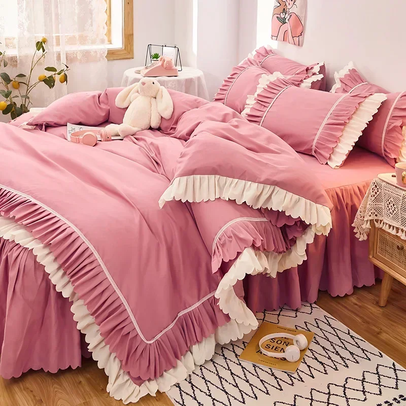 4pcs Couple Bed Quilt Set Sheet Bedsheet Bedspread Queen Size Luxury Pink Duvets Cover Linens Comforter Bedding With Pillowcases