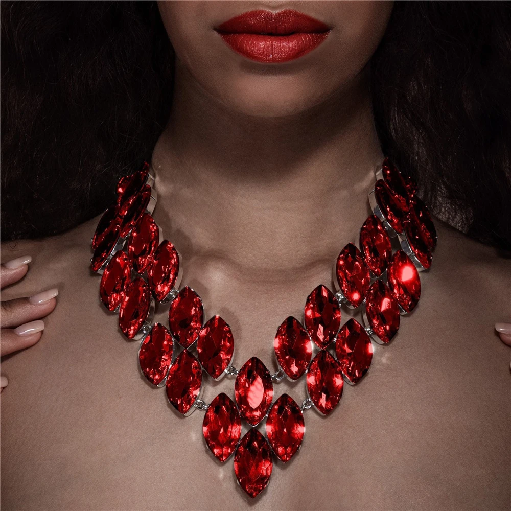 

Luxury Double Red Large Crystal Pendant Necklace Ladies exaggerated Fashion Ultra Flash Rhinestone Bone Chain Jewelry Wholesale