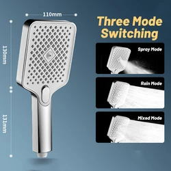 Square Large Flow Rain Shower Head 3-speed Adjustable Rain Drenching Mode High Pressure Head Shower Bathroom Handheld Shower