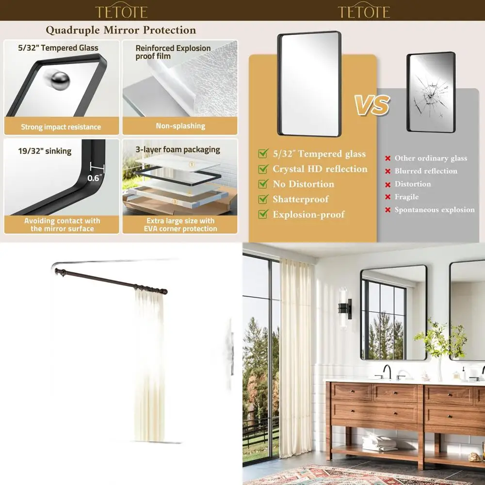 Espejo de tocador negro mate montado en la pared 36 x 28 con vidrio templado para uso doméstico