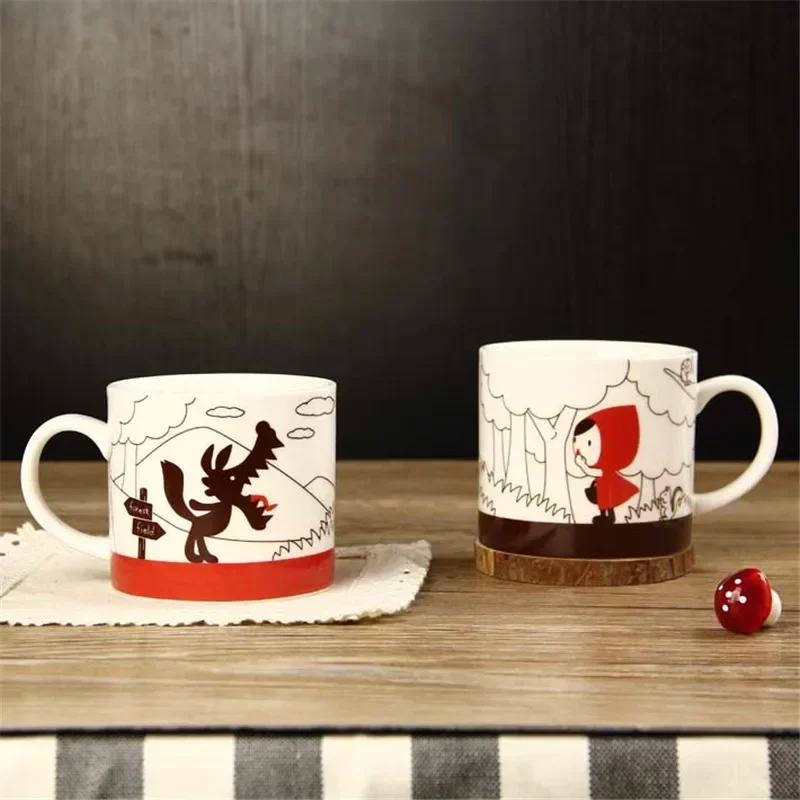 2 In 1 Couples Coffee Cups Cartoon Little Red Riding Hood Cute Lovers Gift Ceramic Moring Mug Cup Breakfast 2pcs Mugs Drinkware