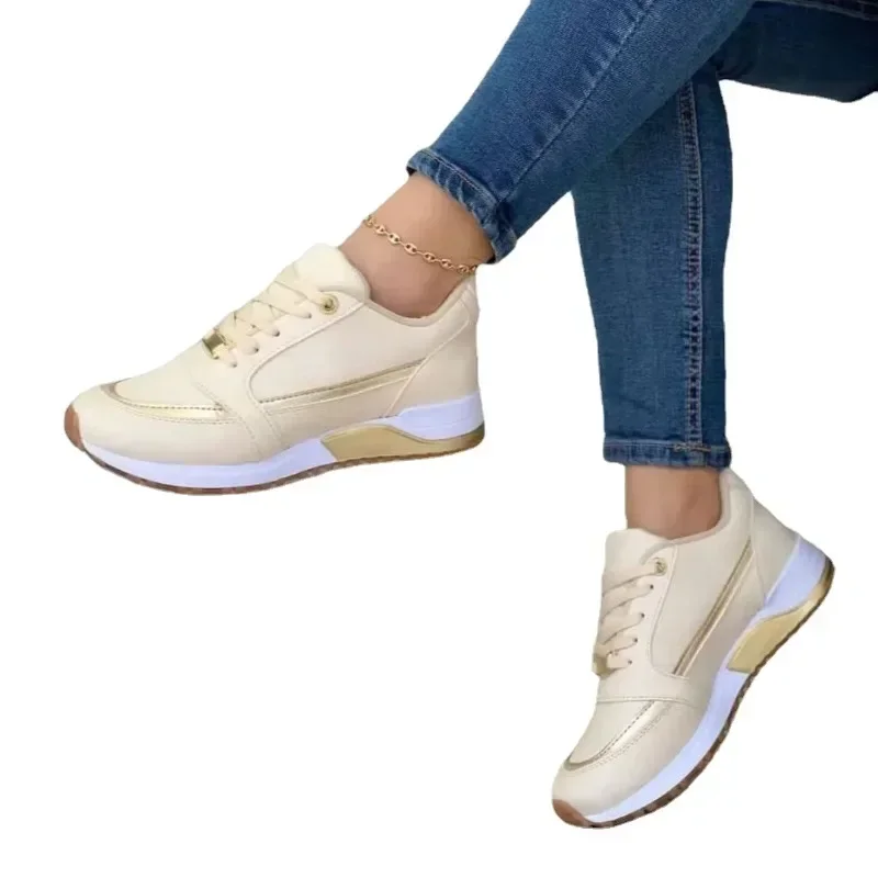 2024 Hot Sale Ladies Shoes Lace Up Women's Vulcanize Shoes Autumn Round Toe Mixed Colors Increase Height Casual Sneakers Women