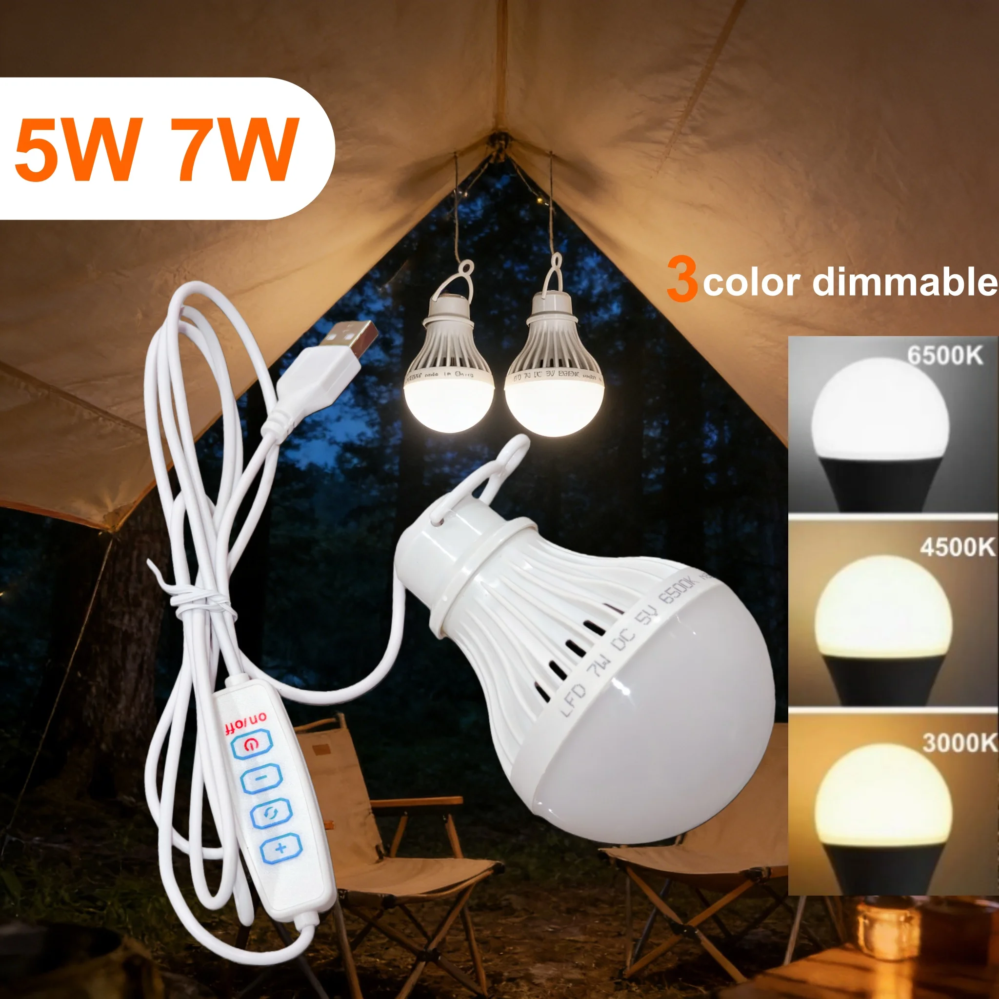 

Camping bulb powered by USB, 5W/7W portable bulb with 3 adjustable lighting modes, suitable for indoor lighting, outdoor camping