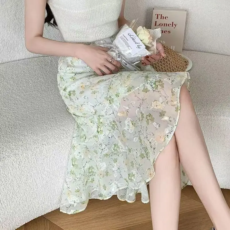 

Женская длинная юбка-русалка из жаккардового шифона, летняя новинка 2026 года, асимметричная, с завышенной талией, стройнящая, с оборками