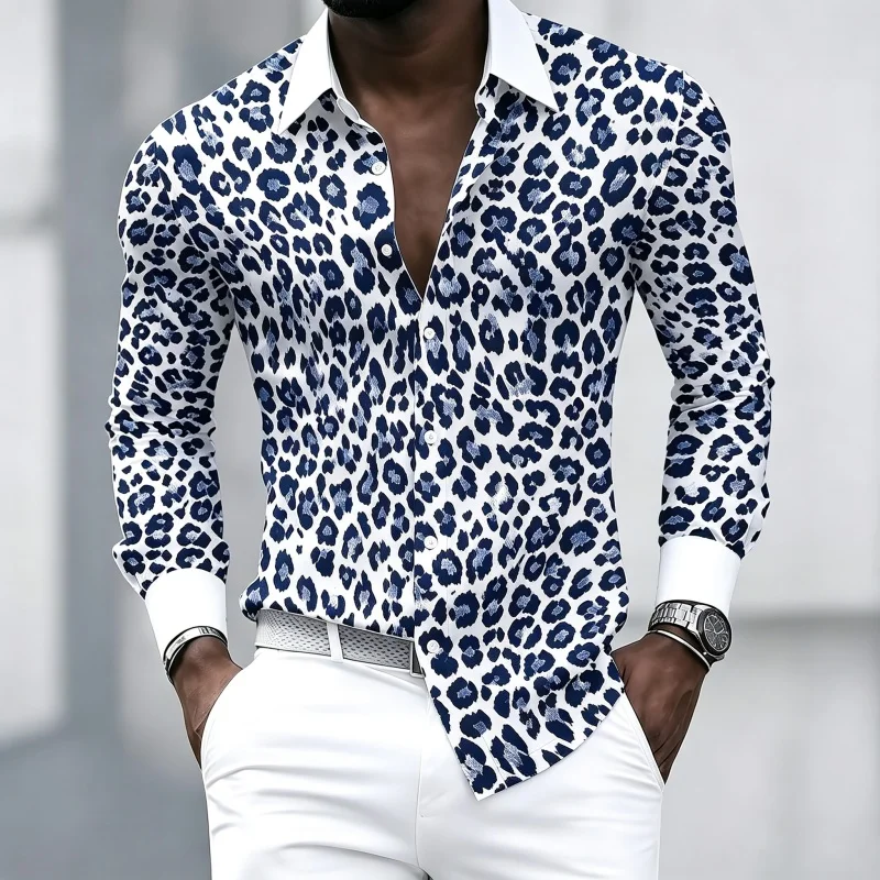 New personalized leopard print men's long sleeved shirt with contrasting white collar and flip collar, business casual men's top