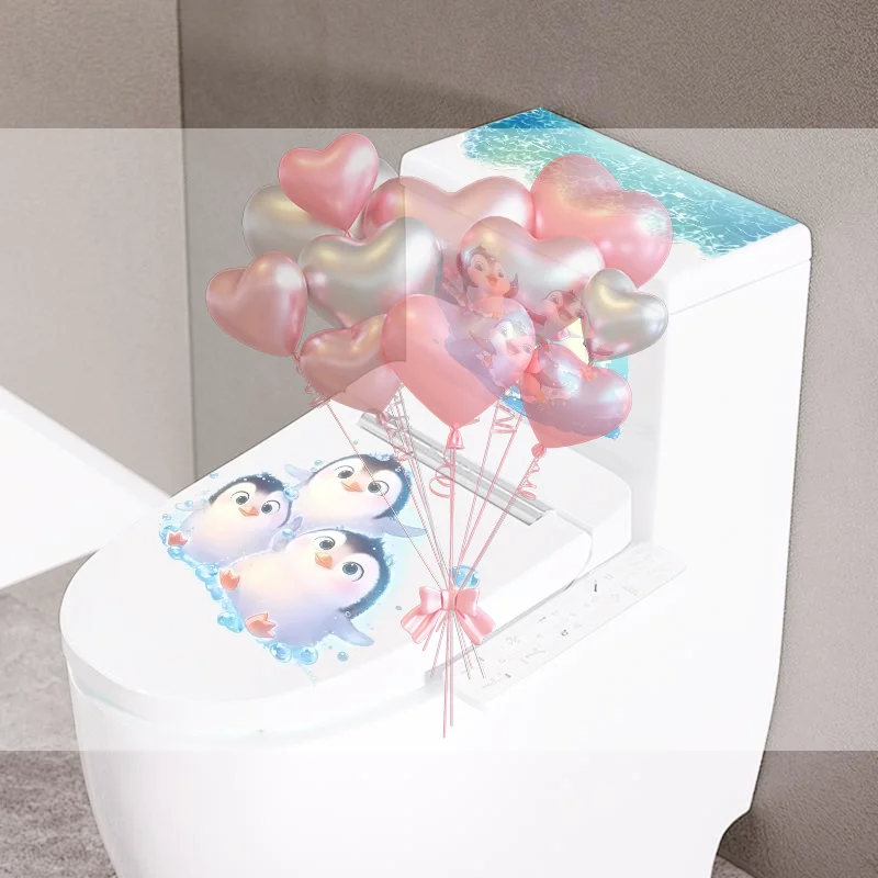 Cute Cartoon Penguin Toilet Decal Stickers Waterproof Self Adhesive Removable Fit Most Standard Toilet Lids for Home