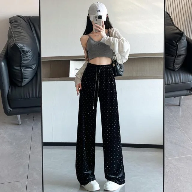 2024 Women Velvet Hot drilling Pants Spring Summer Elastic Waist Stright Long Wide leg pants Casual Female Loose Pants Trousers