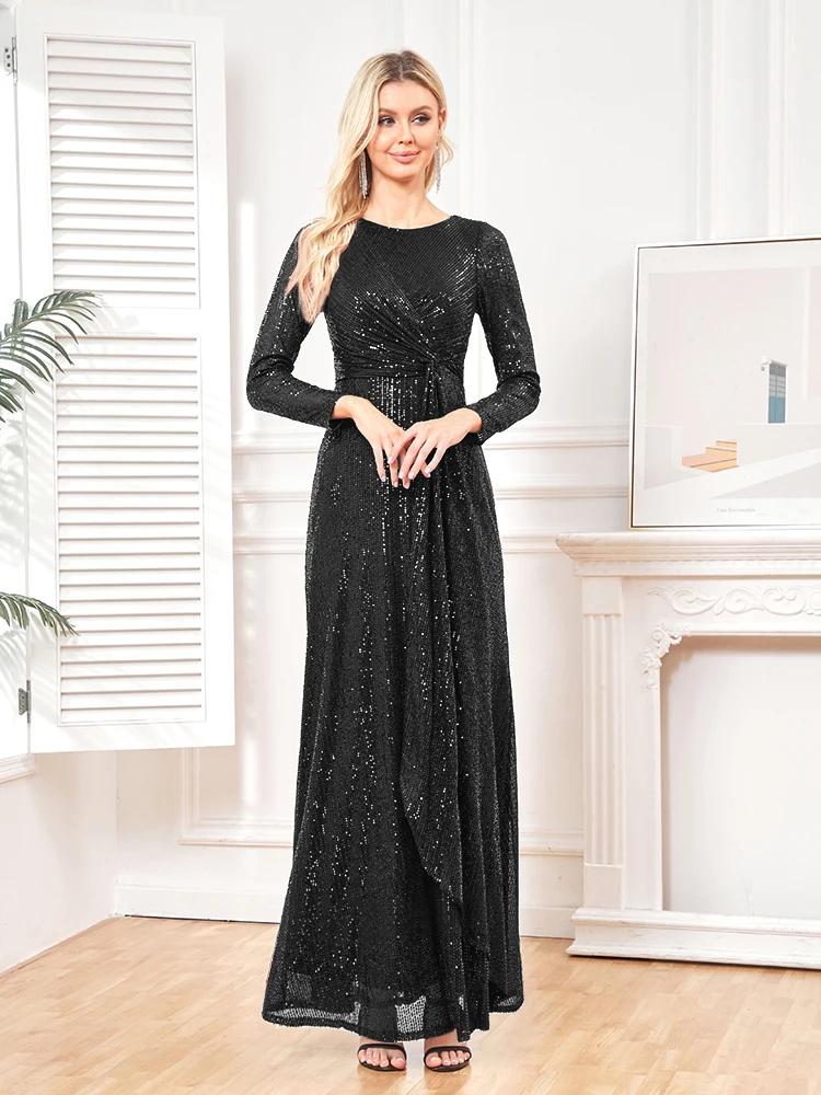 Lucyinlove-Robe de Soirée de Luxe à Manches sulfet Col Rond pour Femme, Tenue de Bal et de Cocktail Bleue à Paillettes pour Invités de Mariage, 2023