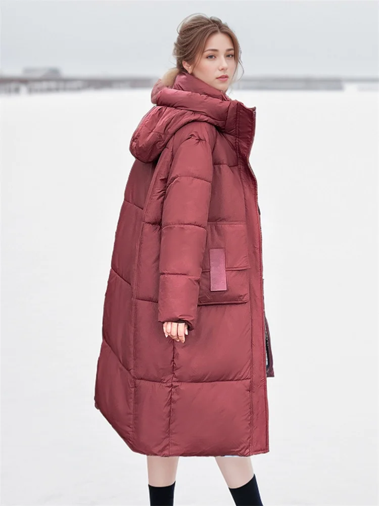 2024 New Woman Down Jacket Winter Long Coat Hooded Big Pockets Fashion Warm Thick Zipper Coat Woman Winter Overcoat