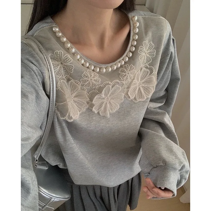 Clothland Women Elegant Lace Patchwork Sweatshirt Pearl Beading Decorate Long Sleeve Hoodie Pullover Cute Tops Mujer HA572