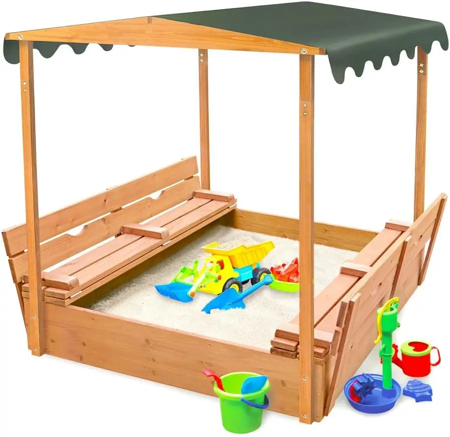 

Cedar Sandbox for Kids with Canopy & Benches - Outdoor Convertible Wooden Sandbox with Lid, UV Shade & Built-In Seating - Backya