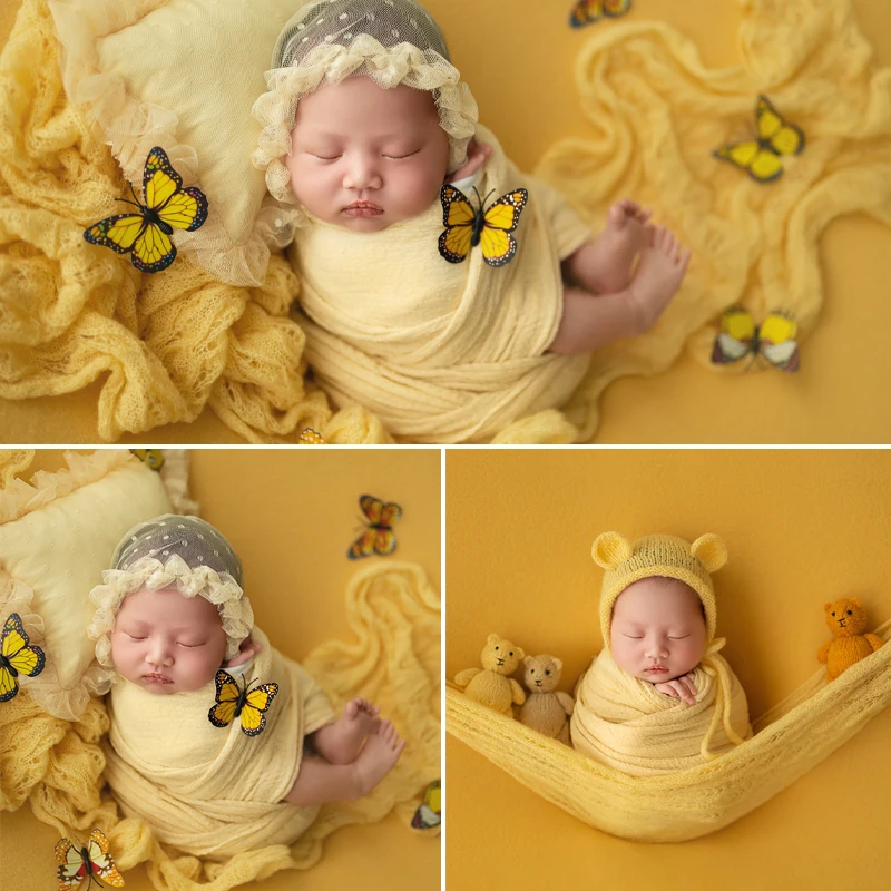 

Newborn Photography Props Cute Bear Hat Lace Pillow Baby Shoot Prop Breathable Wrap Backdrop Blanket Yellow Butterfly Theme Set