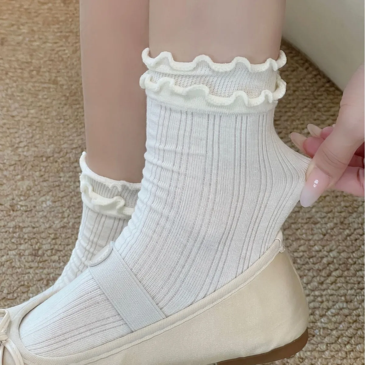 

2Pcs Socks Women's Spring and Summer Tube Socks Curled Light Breathable White Stockings Lace Cotton Stockings for Women
