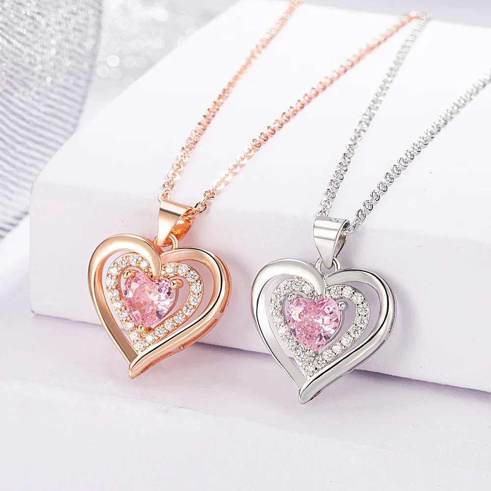 

925 Sterling Silver Necklace Three Heart Pink Zircon Pendant Ladies Fashion Simple Birthday Anniversary Wedding Jewelry Gift