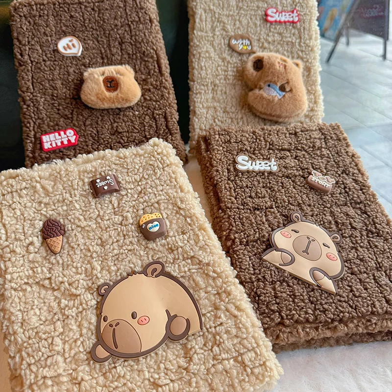 Capybara Plush Refillable Notebook - Fluffy Ring Binder Journal with Stickers, Kawaii Animal Diary for School Office Gift