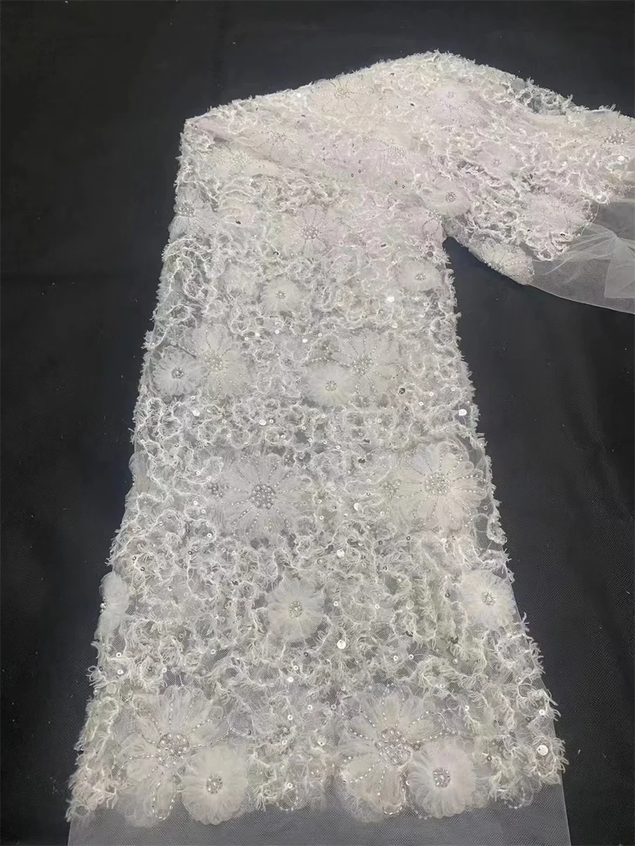 

Luxury Hand Beaded 3D Flower Lace Fabric French Tulle Embroidery Fabric Sequins Nigerian Fabric for Wedding Bridal Dress