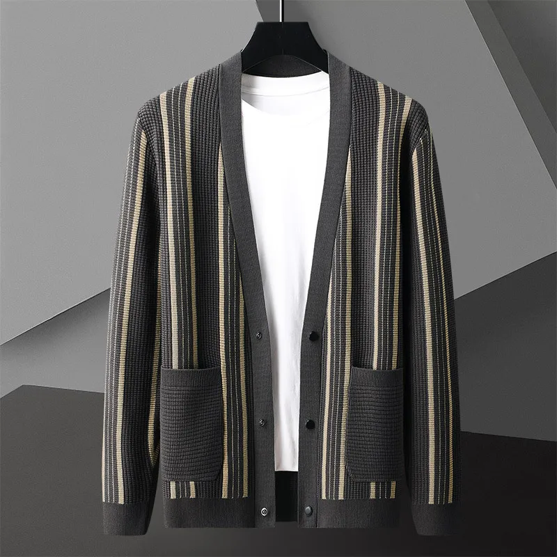 Casaco de malha listrada masculino, cardigan longo, casaco coreano, designer de outono, contraste de cores, suéteres masculinos, moda