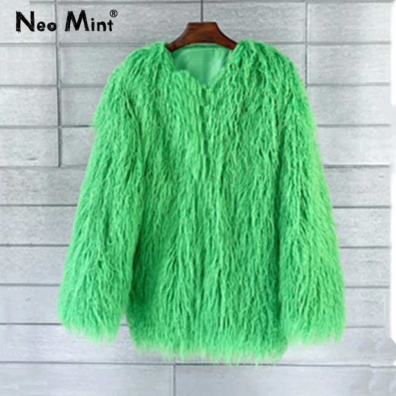 2024 Winter New Fashion Women Fluffy Faux Fur Coat Jackets Female Long Sleeve Green Orange Fur Jacket Candy Color Festival Coats