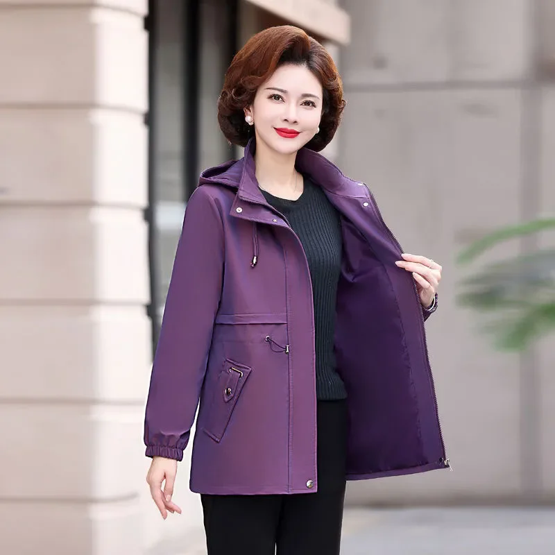 Spring Autumn 2024 New Chic Casual Windbreakers Women Overcoat High-End Loose Lace-Up Medium Long Hooded Plus Size 5XL Coat Top