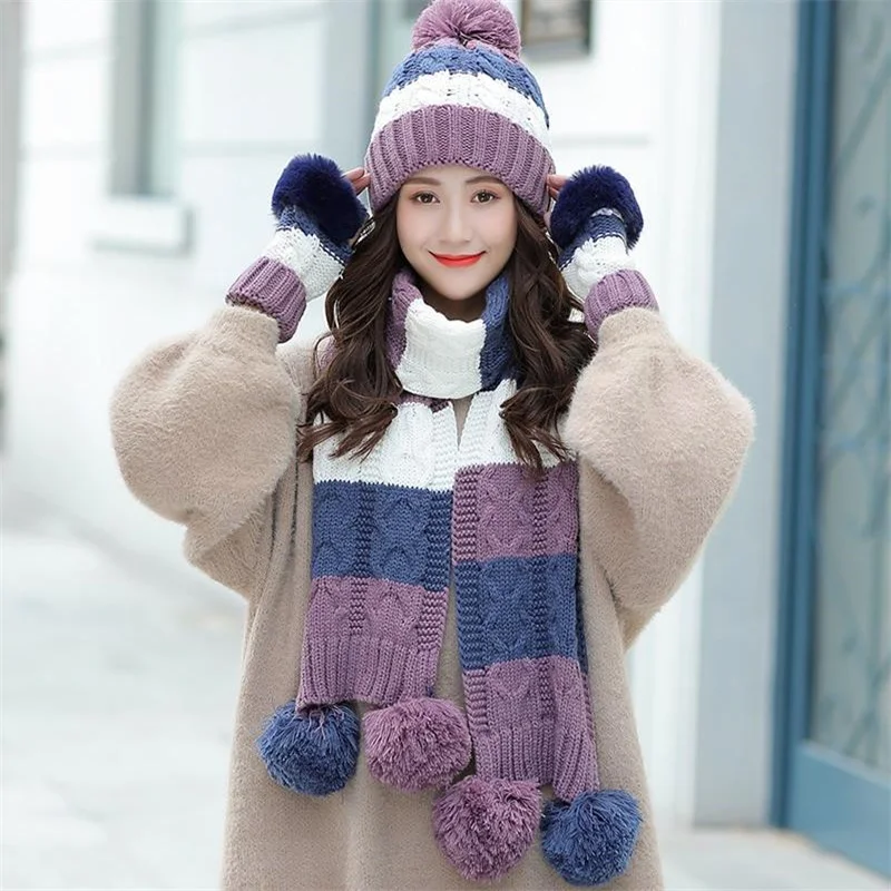 

3Pcs/Set Women Knitted Hat Winter Warm Soft Windproof Beanies Hat Neck Protection Outdoor Scarf Gloves Set