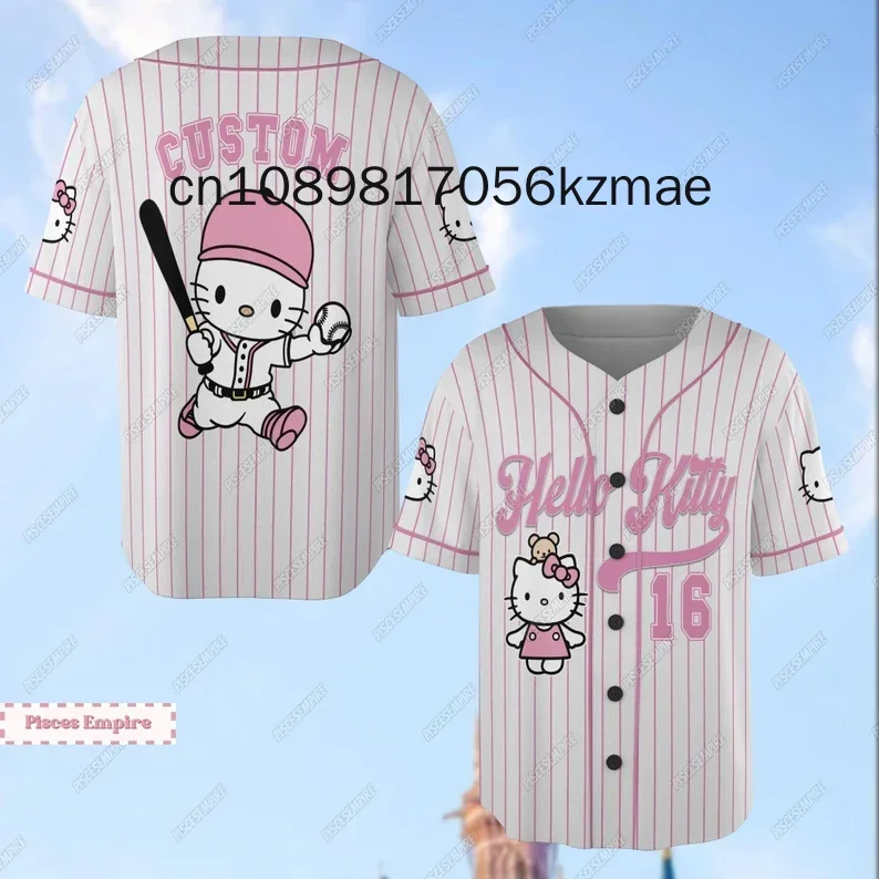 

Новые милые бейсбольные футболки Hello Kitty с персонализированным мультяшным принтом, повседневные уличные спортивные мужские женские детские топы