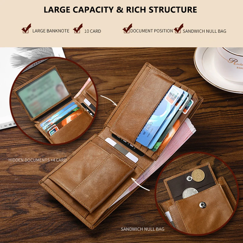 Vintage Rindsleder Herren-Geldbörse Multi-Kartenhalter Münzfach RFID-Blockierung Diebstahlsicher Europäisch-Amerikanischer Stil Brieftasche – Detail 15