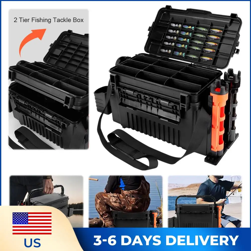 

Двухуровневый ящик для рыболовных снастей с держателем для кружка и удилища, переносной кейс для рыболовного снаряжения, ящик для рыболовных инструментов, аксессуары для рыбалки