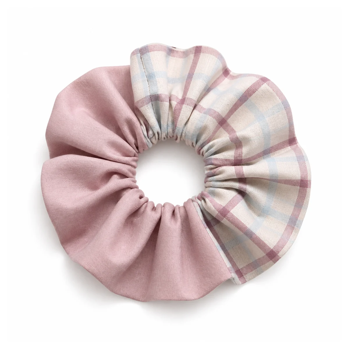 dusty-rose-warm-ivory-powder-blue-plaid-color-block-wide-single-layer-hair-scrunchie