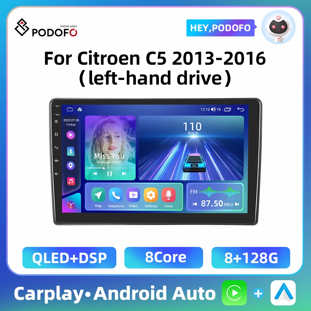 Podofo 10.1'' 8+128G Car Radio For Citroen C5 2013-2016 8Core Multimedia Player Carplay Android Auto 4G WIFI DSP 2Din Car Stereo