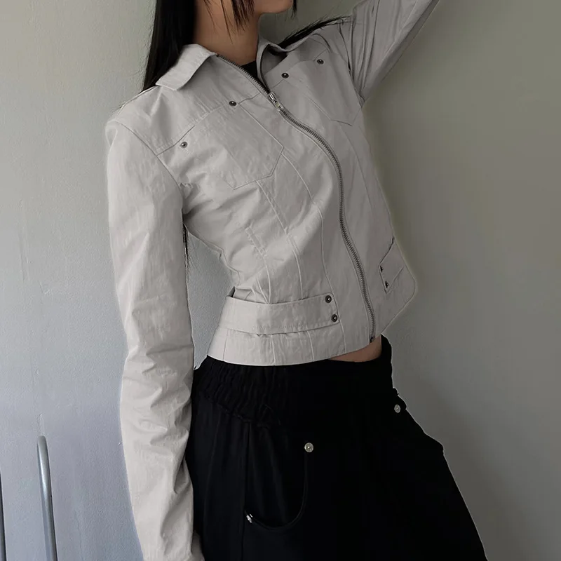 

European and American fashion new tooling wind-based solid color jacket top street spice girl personality lapel zipper coat
