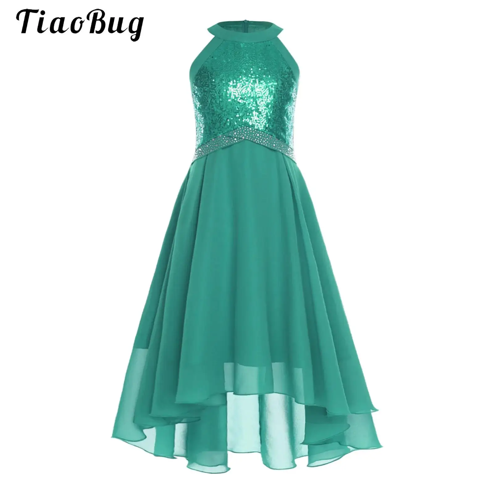 

Girls Sleeveless Sequin Dress Halterneck Rhinestone Waist Princess Dress Formal Wedding Prom Dance Ball Festive Party Dress
