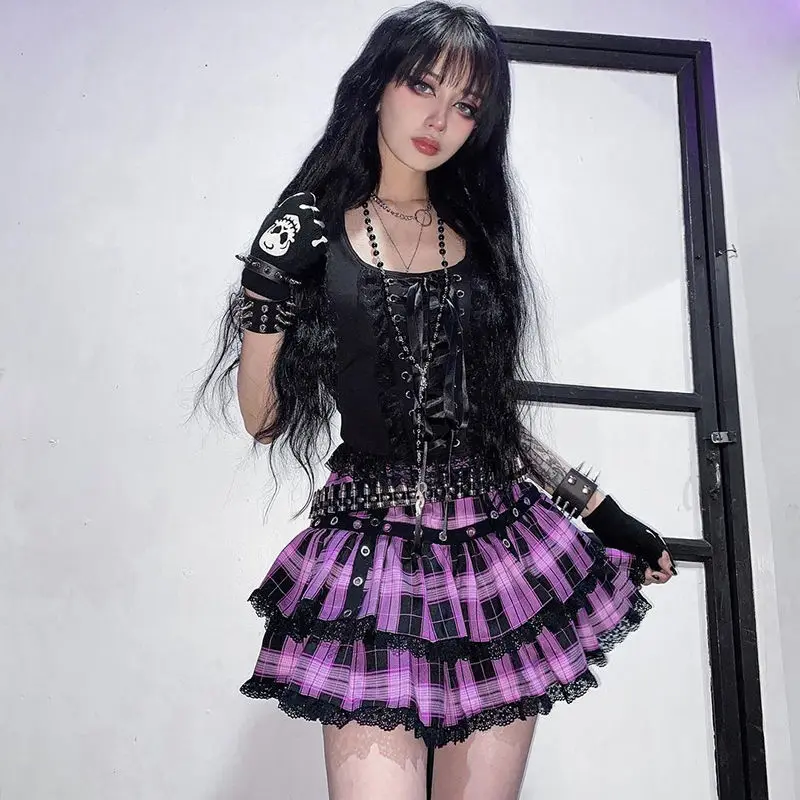 

Harajuku Kawaii Y2K Pleated E-Girl Cake Skirts Women High Waist Lace Trim Fairy Grunge Purple Plaid Mini Skirt Streetwear