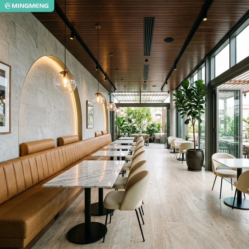 Modern Commercial Cafe Furniture Vertical Channel Tufted Leather Booth Marble Dining Table Upholstered Side Chair for Restaurant