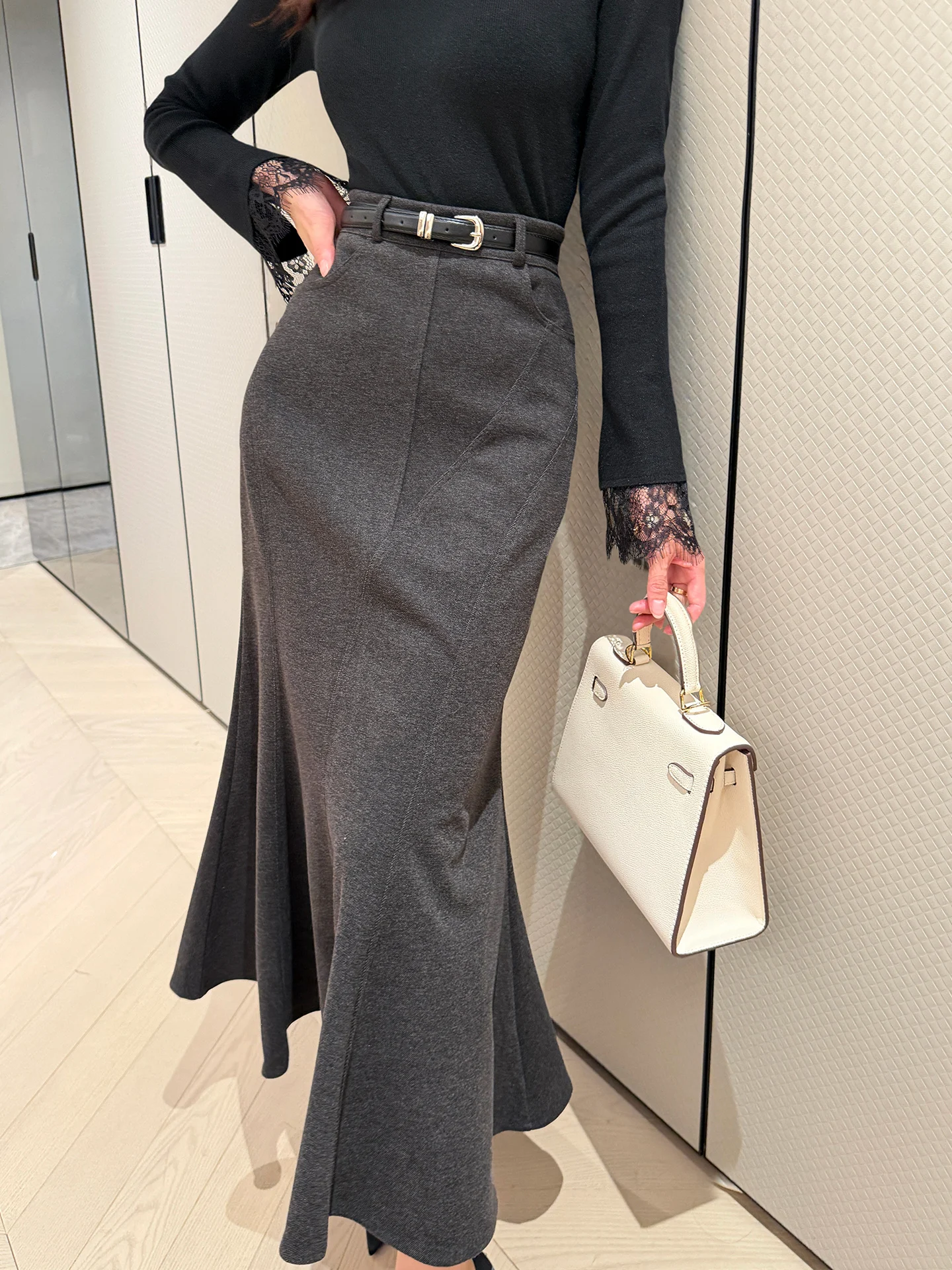 

Юбка-рыбка с высокой талией в корейском стиле, облегающая, с поясом, для осени и зимы, для повседневной носки