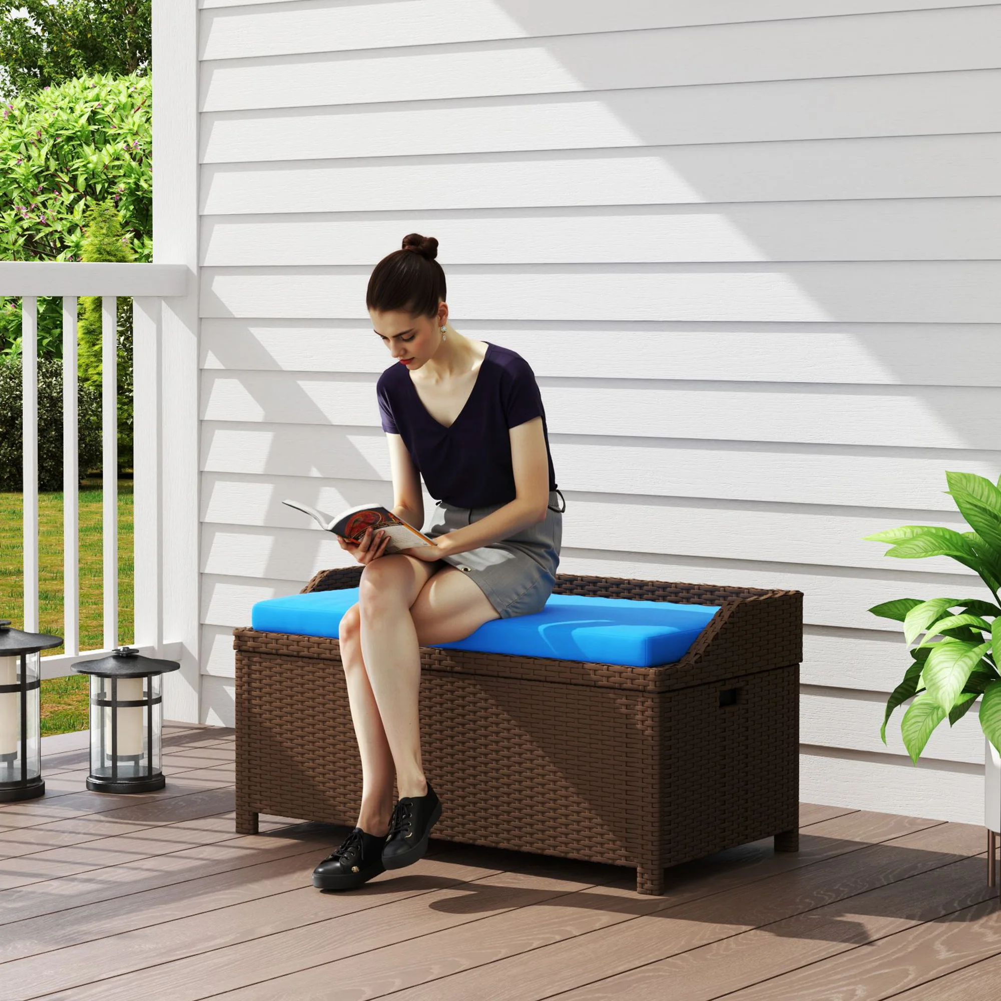 Outdoor Patio & Backyard Garden Bench w/ Comfortable White Top Cushion, Blue